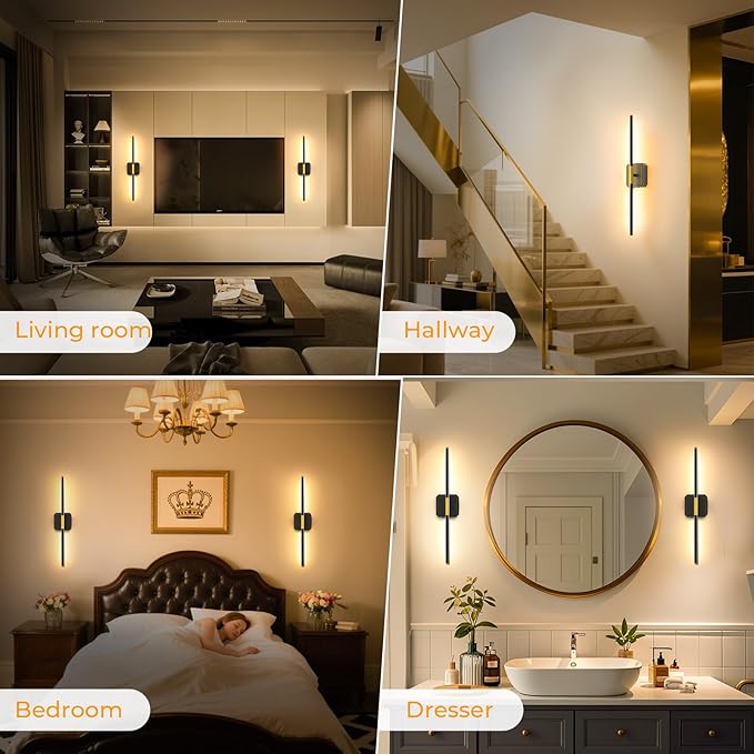 Battery Operated Wall Sconce Detachable 360°Rotate, Wireless Wall Lamp 3000-6500K Dimmable, 10000mAh Rechargeable Wall Light for Bedroom, Living Room,28" Black Gold(4 Pack