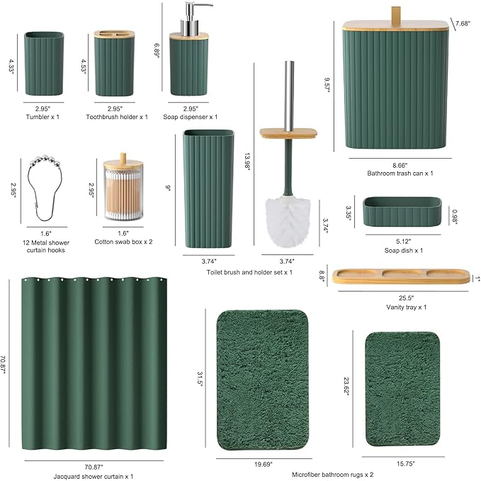 Bathroom Accessories Set - 22PCS Bathroom Set with Shower Curtain, Trash Can, Toilet Brush Holder Set & Soap Dispenser – Stylish & Functional Bath Decor for Home, Apartment, Green