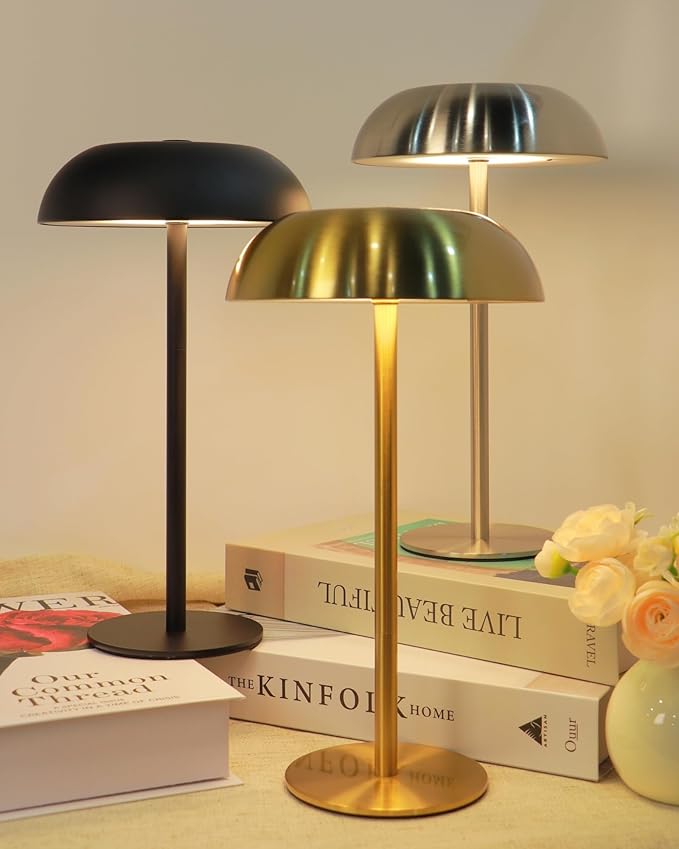 Portable Mushroom Table Lamp with 5200mAh Battery - Cordless LED Night Light with Stepless Dimming, 3 Color Modes & Adjustable Height for Bedroom, Patio, Bar Decor and Coffee Shop Ambiance(Gold-tall)