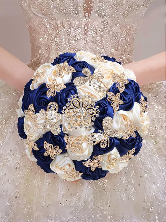 Handmade Floral Satin Rose Butterfly Shape Rhinestone Bridal Bouquet Luxury Golden Rhinestone Artificial Flowers for Wedding