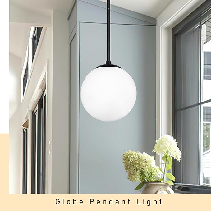 6 Inch Globe Pendant Light Black Mid Century Modern Globe Light Fixture Mid Century Milk Glass Pendant Lamp Matte Black Finished with Milk Glass Lampshade for Kitchen Island