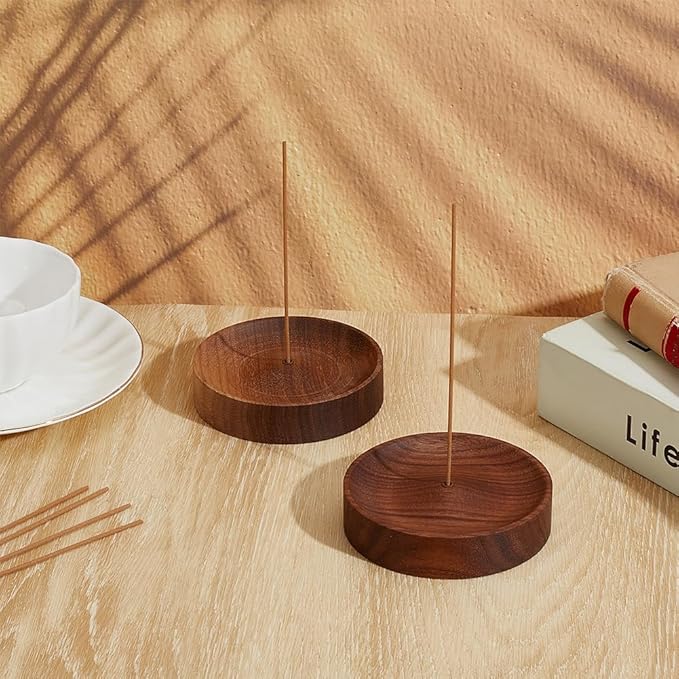 WEBEEDY 2 PCS Walnut Incense Holder for Sticks Round Wooden Incense Burner Tray Black Walnut Ash Catcher Wood Incenses Bowl for Home Yoga Meditation Office Christmas Decoration, 3.58 inch