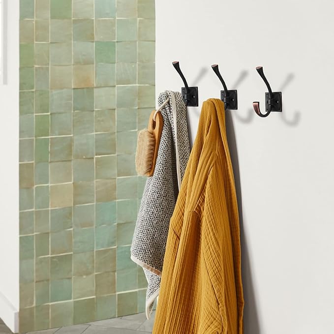 Large Wall Hooks 2 Pack Oil Rubbed Bronze Coat Hooks Hardware Towel Hooks for Hanging Coats 4.35 Inch Double Robe Hooks Wall Mounted with Screws for Key, Towel, Bags, Cup, Hat
