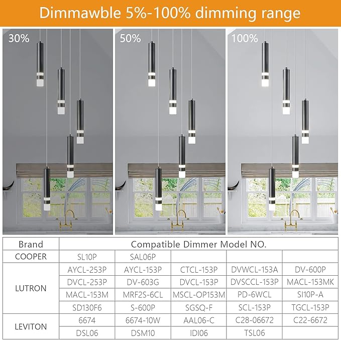 5-Light Modern Pendant Light Kitchen Island Light Fixture Dimmable LED Black Mini Pendant Lights Dinning Room Kitchen Chrome Pendant Lighting