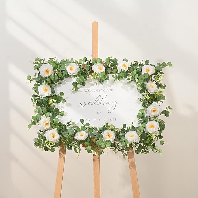 Dolicer 4Pcs 26Ft Artificial Eucalyptus Garlands with Flowers, Faux Floral Greenery Garlands Fake Flowers Vines for Wedding Table Centerpieces Arch Party Ceremony Backdrop Decor (White)