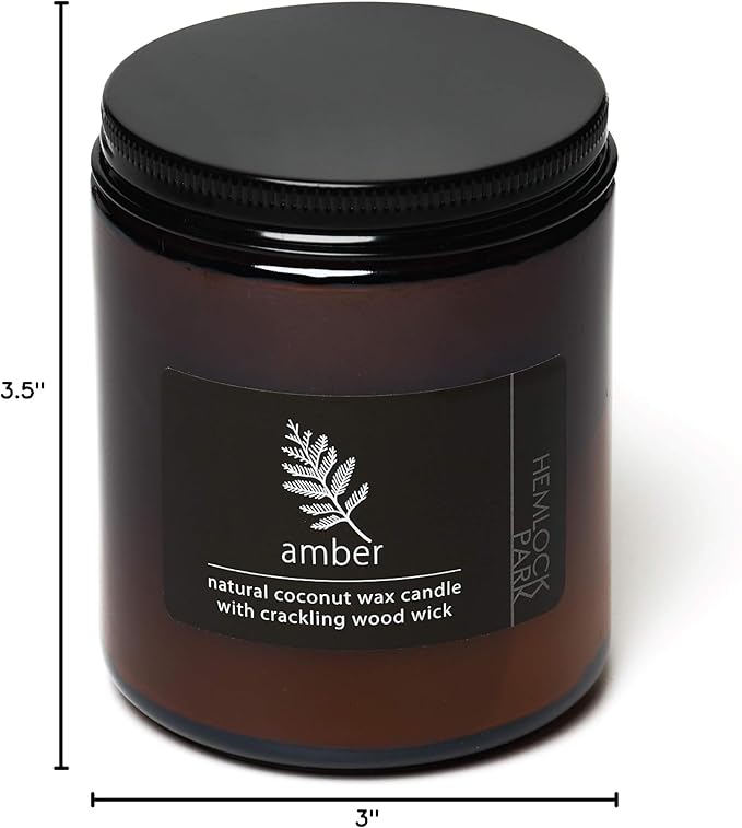 Hemlock Park Crackling Wood Wick Candle Handcrafted with Natural Coconut Wax (Standard 8 oz, Amber)