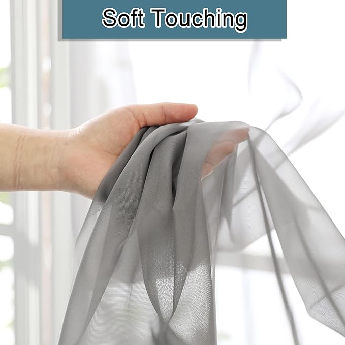 Lecloud Charcoal Grey Sheer Kitchen Curtains 36 Inch Length 2 Pcs, Sheer Voile Curtain Tiers with Dual Rod Pockets, Cafe Window Small Curtains for Bedroom Living Room, 40 x 36 Inch