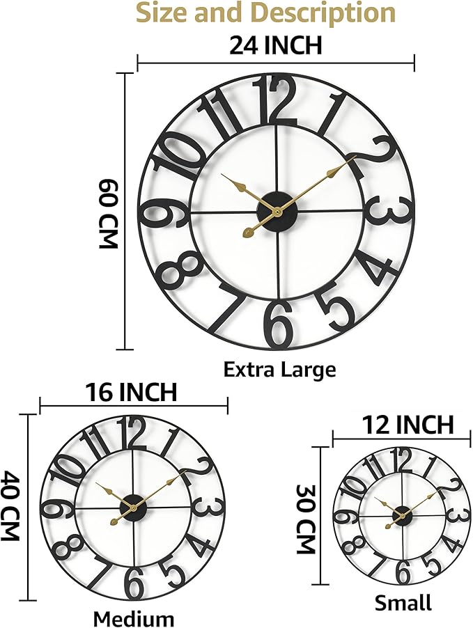 Sorbus 16-Inch Large Wall Clock – Decorative Black Metal Clock with Gold Hands – Silent, Battery Operated, Modern Wall Decor for Living Room, Kitchen, or Office – Great Gift for Housewarming or Office