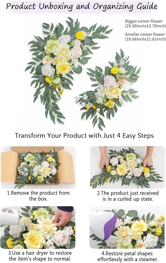 Faux Flowers Wedding Welcome Signs Floral(Pack of 2),Wedding Arch Flowers for Wedding Decorations and Reception Backdrop Decoration Thanksgiving Halloween Party Decoration (Yellow)