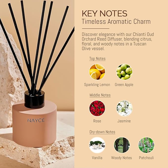 Nayce Luxury Reed Diffuser - Chianti Oud Orchard - Aromatherapy Essential Oil Diffuser Sticks - Hand-Poured in USA - Reed Diffusers for Home, Bathroom, Bedroom, Office Decor, Housewarming Gifts