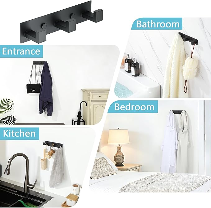 Alise Coat Hooks Wall Mount Hat and Coat Rack with 3 Hooks Wall Mount Key Hooks for Robes,Bags,Keys,and Towels,SUS304 Stainless Steel Wall Hooks for Hanging,Self Adhesive or Drilling,Matte Black