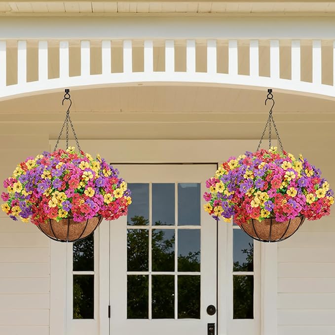Lifewit Artificial Hanging Daisy Flowers Baskets for Outdoor Decor, 2 Sets for 24 Bundles, Plastic Fake Flowers for Indoor Garden Porch Patio Balcony, Mix for Fuchsia Purple Yellow Red