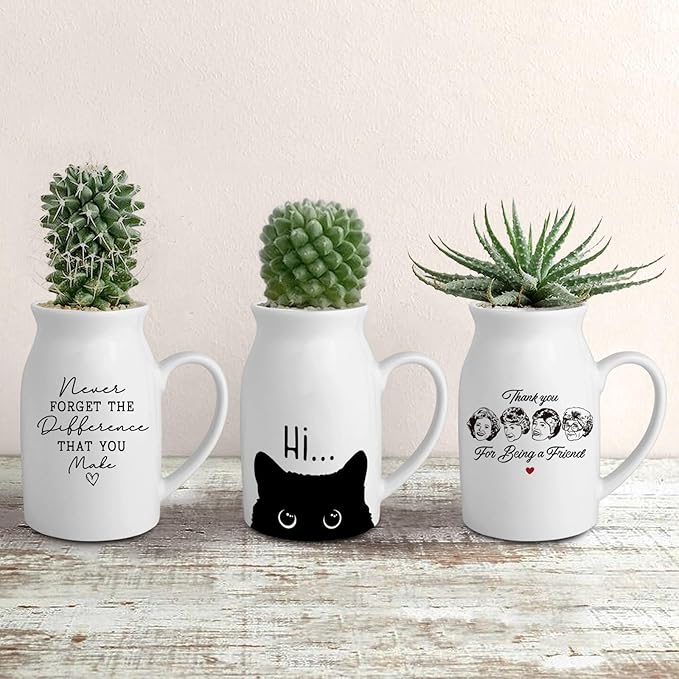 Cute Cat Themed Gifts, Small Ceramic Flower Vase Funny Coffee Mug for Cat Lover Owner Women Friend, Home Living Room Farmhouse Office Desk Table Shelf Decor (No Plants)