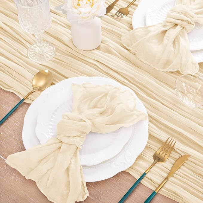 MLMC 8 Pack Beige Cheesecloth Valentines Table Runner 10ft Cream Rustic Gauze Cheese Cloth Table Runner 35x120 Inches for Wedding Baby Bridal Shower Boho Home Decor
