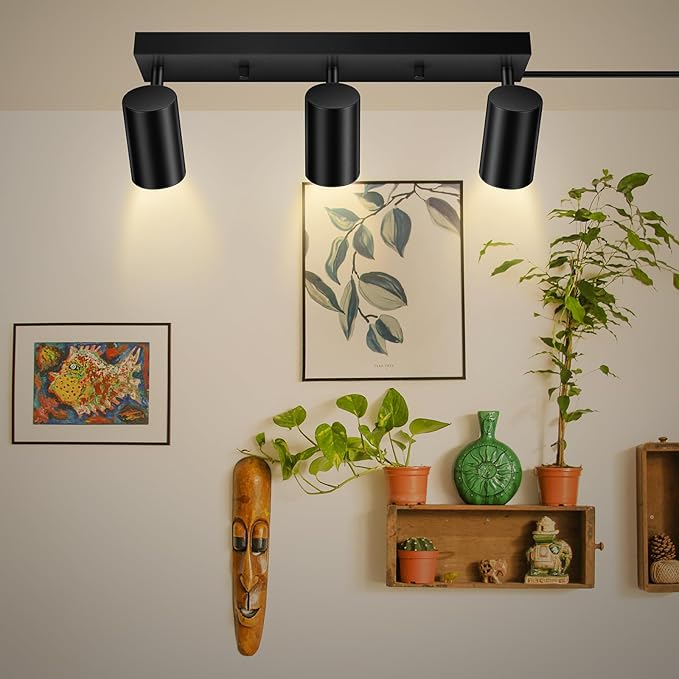 BoostArea LED Track Lighting Ceiling Fixtures, Black 3-Light Plug in Track Lights for Kitchen, 3 Way Ceiling Spotlight, 15 FT Cord,Flexibly Rotatable Wall Mount Light Head for Bedroom Hallway