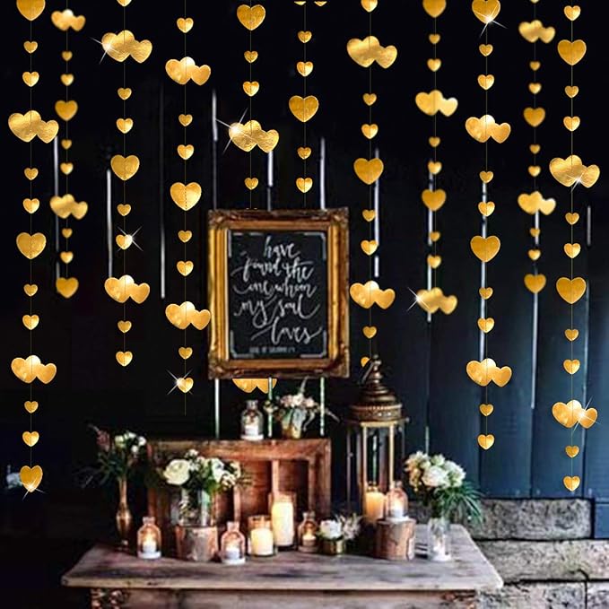 pinkblume Valentines Day Party Decorations Gold Heart Garland Hanging Streamer Banner for Anniversary Mothers Day Engagement Wedding Bridal Shower Baby Shower Bachelorette Birthday Hen Party Supplies
