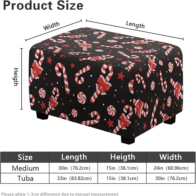 Christmas Candy Cane Rectangle Footstool Cover 30x24x15 Inch Stretch Ottoman Slipcover with Nonslip Elastic Bottom Small Storage Footrest Stool Cover for Ottoman Decor