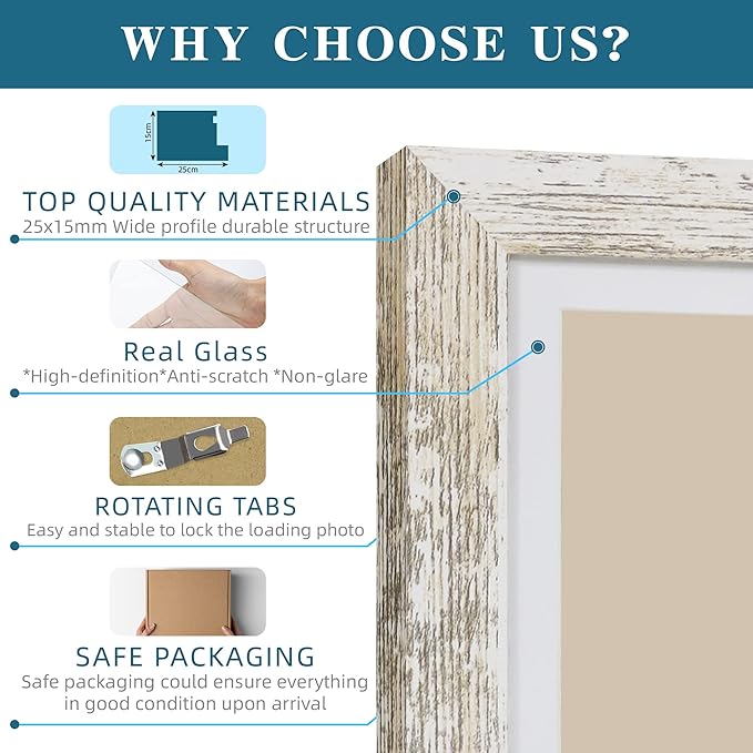 6x9 Picture Frame Set of 2, Made of Real Glass and Distressed White Wooden Frame - 6 by 9 Photo for Wall or Tabletop Display