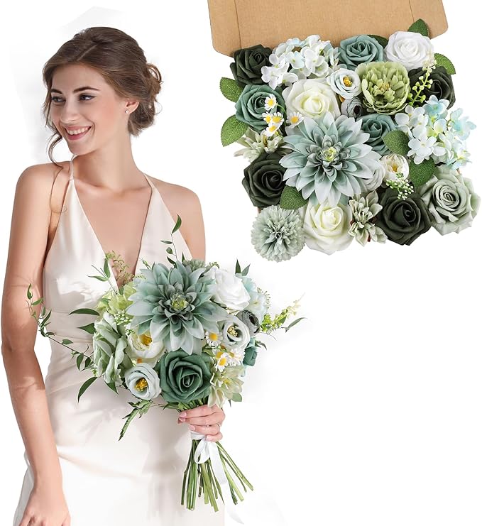 AmyHomie Forest Sage Green White Artificial Flowers Combo Silk Rose Fake Flowers w/Stem for DIY Wedding Bouquets Centerpieces Arrangements Table Decor Party Bridal Baby Shower Christmas Decorations