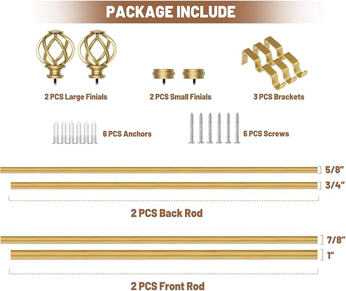 KAMANINA Gold Double Curtain Rod 36 to 72 Inches (3-6 Feet) Window Telescoping Drapery Rods, 1 Inch Heavy Duty Curtain Rods for Windows, Twisted Cage Ends