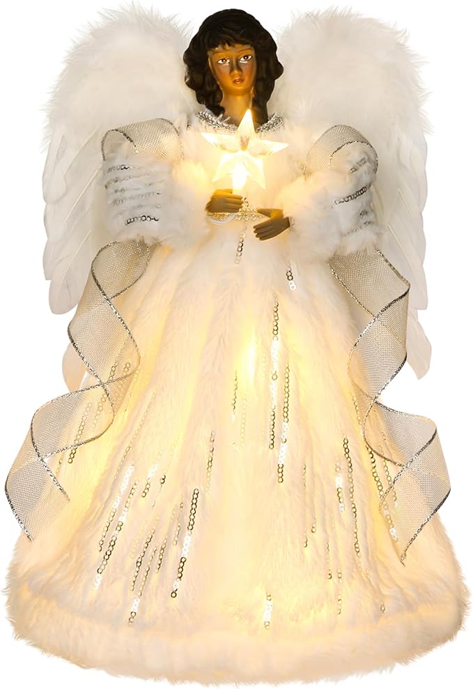HMASYO Black Christmas Tree Topper Angel with Timer Lights, 12" African American Angel Tree Toppers with White Feather Wings, Star Light, Remote Control and USB Power Xmas Treetop Decor for Holiday
