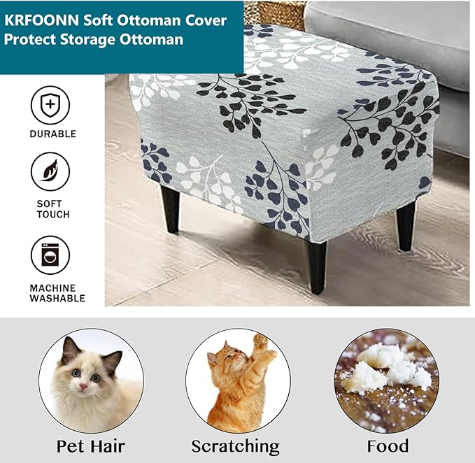 KRFOONN Stretch Ottoman Cover Slipcovers Rectangle Fit Length 27"-35" Footrest Stool Covers Printed Ottoman Cover for Foot Stool Furniture Protector with Non Slip Elastic Bottom, Color 01