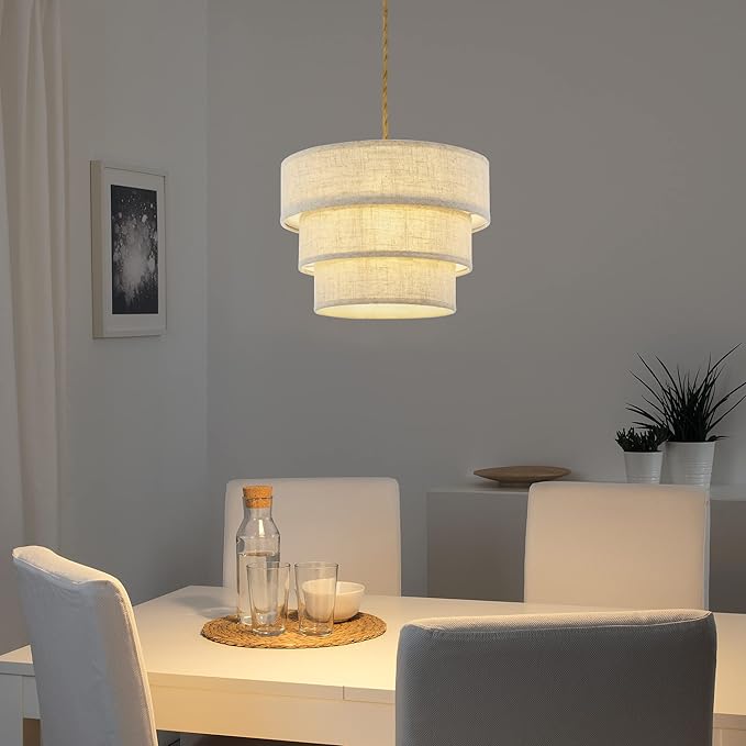 XININSUN 3-Tier Drum Linen Plug in Pendant Light with15ft Hemp Rope Cord E26 Dimmer Switch Hanging Lights Fixture Plug in Chandelier for Kitchen Island Dining Room Entryway Hallway-1Pack