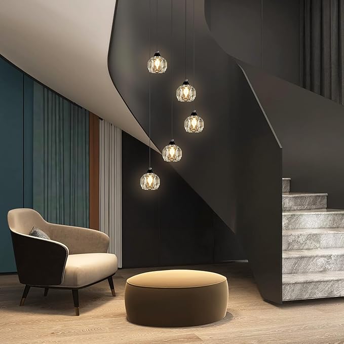 Crystal Chandeliers for Dining Room Lights Fixture Over Table, 5-Light Black Modern Pendant Light Fixture,Crystal Chandeliers for Living Room Kitchen Island Staircases Foyer Hallway Bar