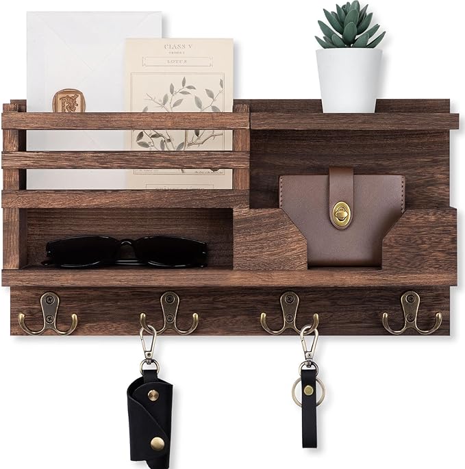 Mail and Key Holder for Wall – Decorative 15.9” x 8.7” x 3.2” Entryway Organizer with Shelf – Paulownia Wood with 4 Dual Hooks Includes Mounting Hardware and Installation Guide