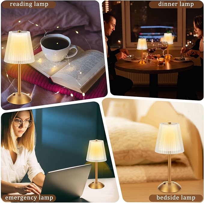 Liliful 2 Pcs LED Portable Cordless Table Lamp Touch Battery Operated Rechargeable Gold Desk Lamp 3 Color Dimmable for Bedroom Living Room Dining (Gold,Hollow Lined Style)
