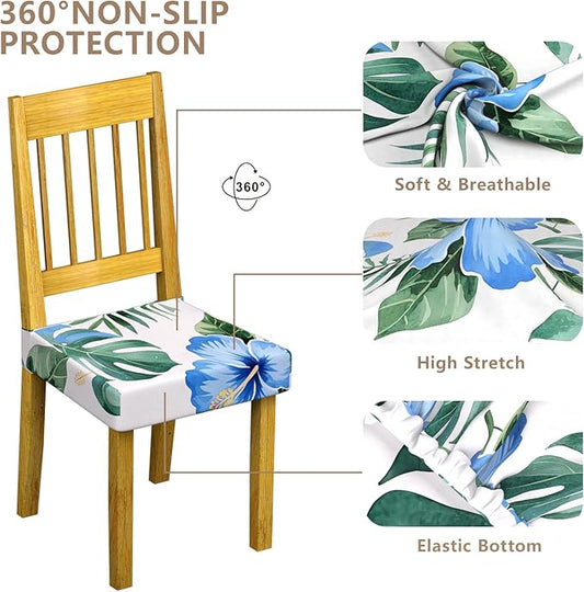 Stretch Dining Chair Seat Covers Set of 6,Dining Chair Slipcovers, Floral Printed Chair Covers,Soft Fabric Washable Upholstered Chair Seat Protector, No Rear Covers for Home Kitchen Dining Room