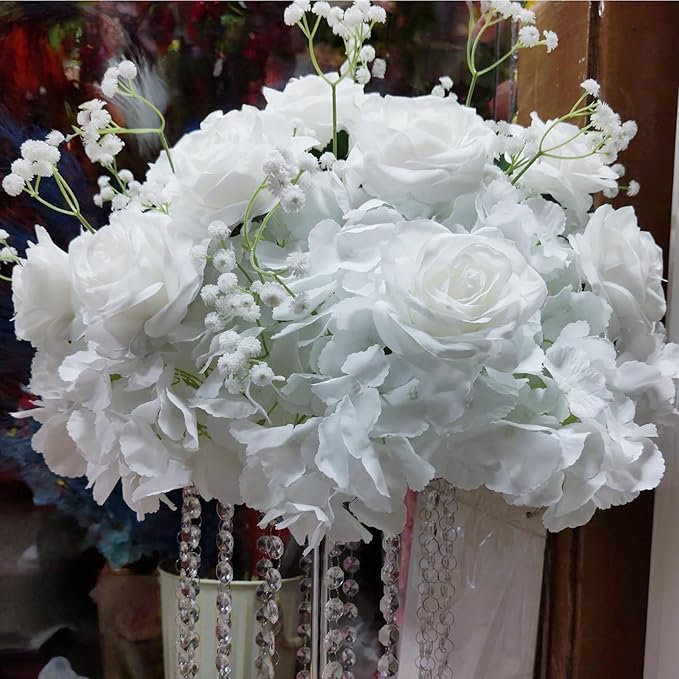 2 Bouquets, White Roses Artificial Flowers, Fake Roses Bouquet, 18 Heads, 16 Inch, Faux Wedding Bouquets with Stems, Floral centerpieces for Tables, Outdoor Decor (White)