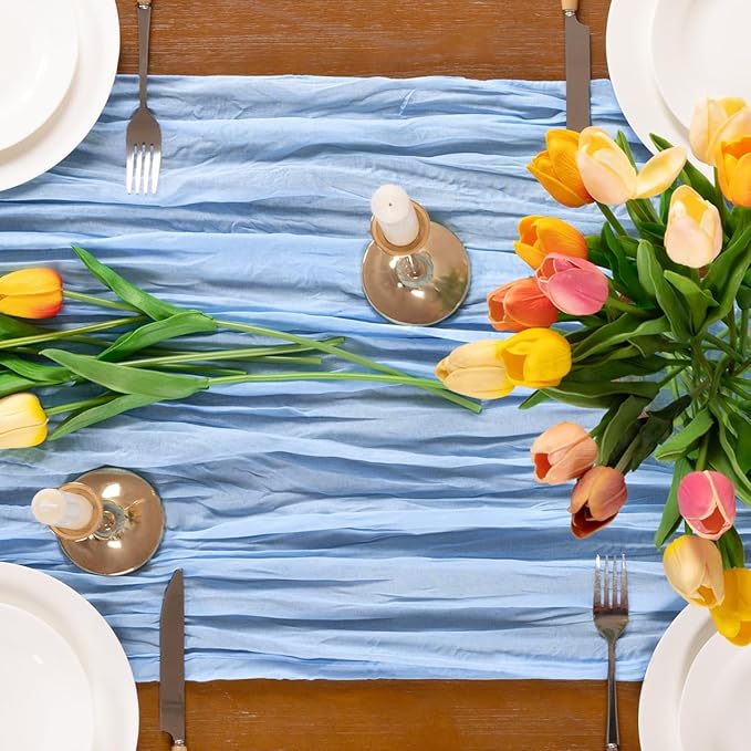 Baby Blue Table Runner 1pcs Light Blue Spring Cheesecloth Table Runner 22×120 inch 10FT Boho Gauze Valentine's Day Table Decor for Spring Farmhouse Wedding Baby Shower Birthday Party Ceremony