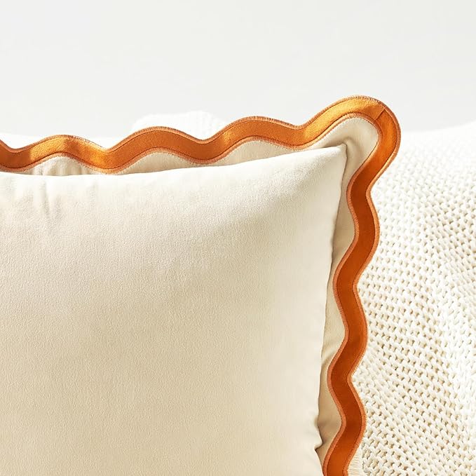 MONDAY MOOSE Decorative Throw Pillow Covers Cushion Cases, Set of 2 Soft Velvet Scalloped Wavy Edge Designs, Mix and Match for Home Decor, Pillow Inserts Not Included (16x16 inch, Honey/Cream)