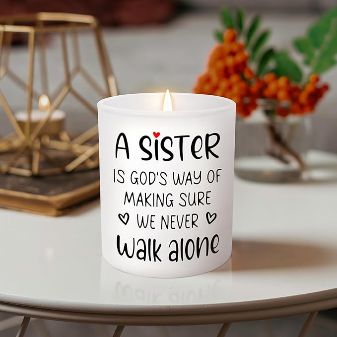 TEEZWONDER Christmas Sister Gifts for Women - A Sister Never Walk Alone Long Lasting Vanilla Lavender Candle 10 oz - Christian Birthday Gifts for Sisters from Sister, Candle for Women