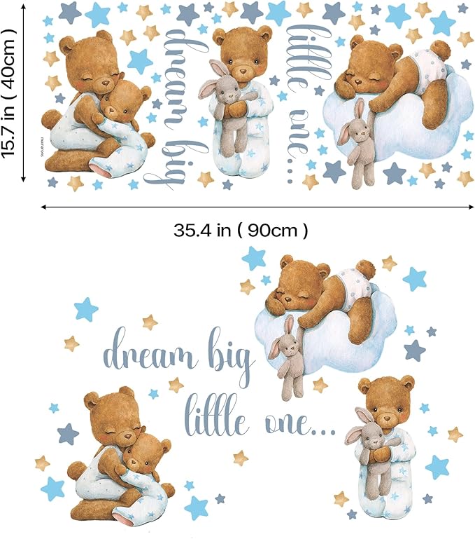 Blue Bear Wall Decals, Baby Boy Room Rabbit Wall Decor, Animal Stickers for Kids Playroom, Toddler Bedroom and Nursery Decoration, Removable Vinyl Decals, Peel and Stick, Moon, Stars.