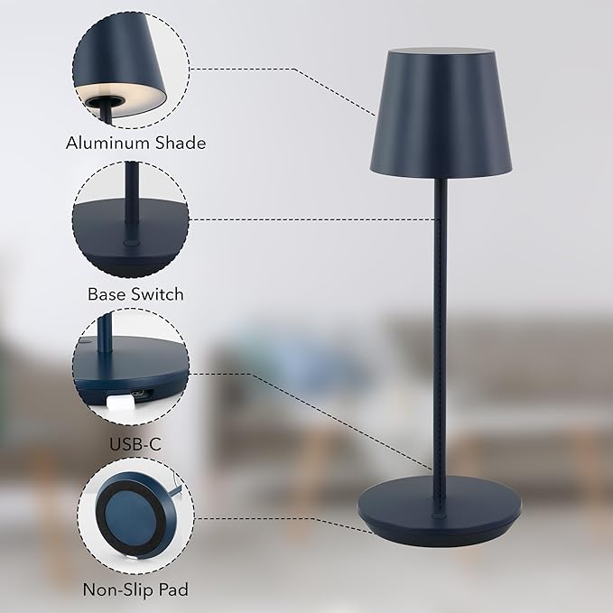 Generation Lighting Mena Accent Rechargeable Table Lamp – 14.5” Hague Blue Steel Lamp with 3-Way Base Switch, 2.4W Up/Down LED at 2700K, 260 Lumens, USB-C, Wet Rated (8000701-224)