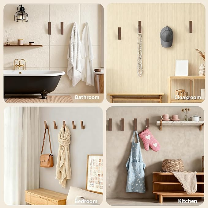 6 Pack Walnut Wood Wall Hooks – Handcrafted Solid Wood Hooks for Coats, Hats, Bags, Towels – Minimalist Design, Hidden Mount, Eco Wax Finish, Moisture-Resistant,Bathroom, Bedroom, Kitchen