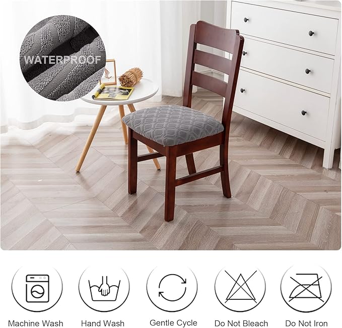 Genina Waterproof Seat Covers for Dining Room Chairs, Stretch Chair Covers Removable Washable Dinning Room Kitchen Chair Seat Cushion Slipcovers (Jacquard-Light Gray, 2 PCS)