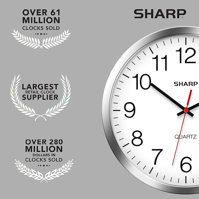 Sharp Wall Clock – Silver/Chrome, Silent Non Ticking 12 Inch Quality Quartz Battery Operated Round Easy to Read Home/Kitchen/Office/Classroom/School Clocks, Sweep Movement