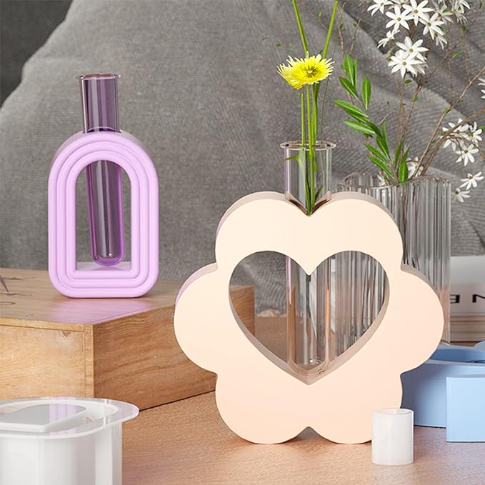 Vase Resin Molds with 3 Test Tube Heart Resin Silicone Vase Mold for Epoxy Resin Casting Hydroponic Flower Preservation DIY Wedding Centerpiece Home Decor (Flower Shape)