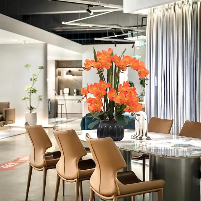 CXGS Artificial Orchid Flower Plant 19.7'' Real Touch Faux Orchids in Ceramic Vase Orange Fake Phalaenopsis Flower Arrangement Silk Orchids with Stems for Centerpiece Table Home Indoor Decor