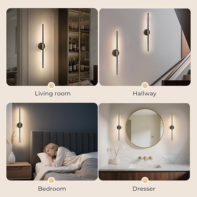 28" Battery Operated Wall Sconce, 360°Rotation Wireless Rechargeable Wall Lights with Remote Control, 3000K-6500K LED Detachable Wall Lamp for Bedroom, Hallway, Background Wall, Black Gold