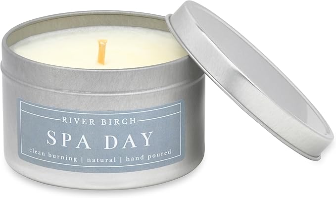 River Birch Candles Spa Day Scented Candle | Premium, All-Natural, Non-Toxic, Soy Wax | 8 oz. Silver Travel Tin | Cozy Relaxing Gifts for Home