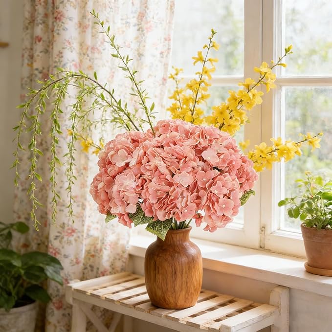 Kimura's Cabin 2Bouquets Fake Hydrangea Flowers Vintage Artificial Silk Hydrangeas Flower 10Heads Faux Floral for Home Table Centerpieces Wedding Party Decoration(Watermelon Pink)
