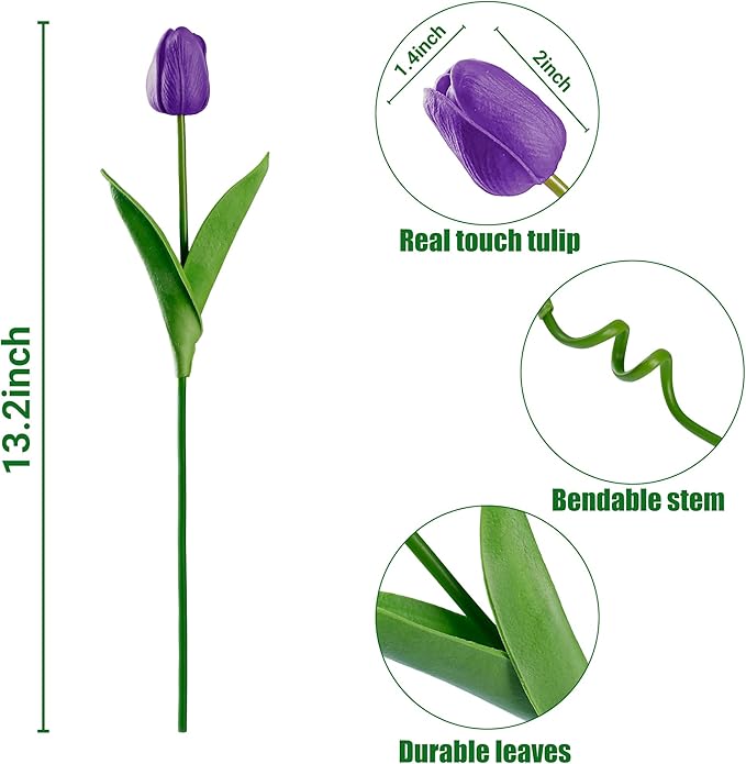 Sggvecsy 15 Pcs Fake Tulips Artificial Flowers Real Touch PU Faux Flowers Tulip Stems for Wedding Spring Bouquet Floral Arrangement Home Party Office Decorations for Mother's Day (Purple)