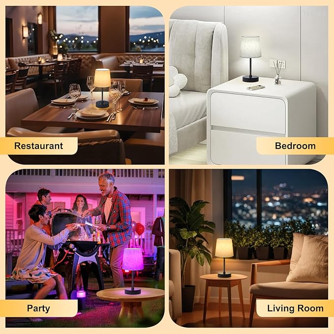 Small Cordless Table Lamp,5000mAh Rechargeable Battery Operated Desk Lamp,3 Colors & 7 RGB Stepless Dimmable, Portable Touch Fabric Shade LED Night Light for Bedroom Restaurant Home(Flaxen)