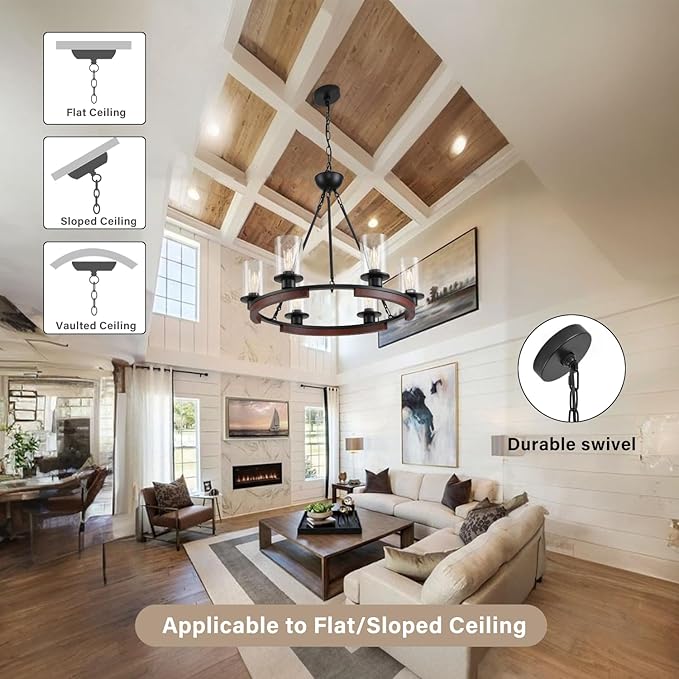 28-Inch Wagon Wheel Chandelier Farmhouse Black Rustic Pendant Light Fixture,6-Light Wood Round Chandelier Hanging Pendant Ligh for Dining Room Kitchen Island Living Room,with Clear Glass Shade