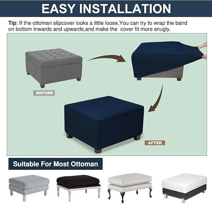 NeColorLife Ottoman Cover Square Waterproof Ottoman Slipcover Thick Storage Footrest Stool Covers Furniture Protector for Pets(Small Size,Navy Blue)