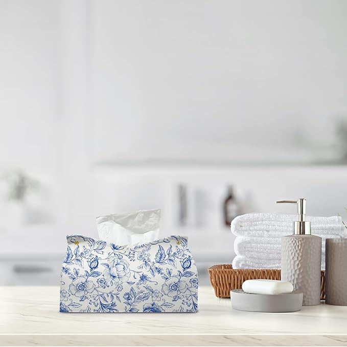 Blue Chinoiserie Tissue Box Cover Rectangle,Blue and White Floral Toilet Paper Box Holder,PU Leather Decorative Facial Paper Case for Living Room Bathroom Kitchen Office Desk,9.8x5.9x5.9In